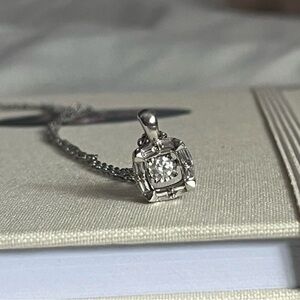 White Gold Diamond Halo Pendant Necklace – Round Center w/ Baguette Accents